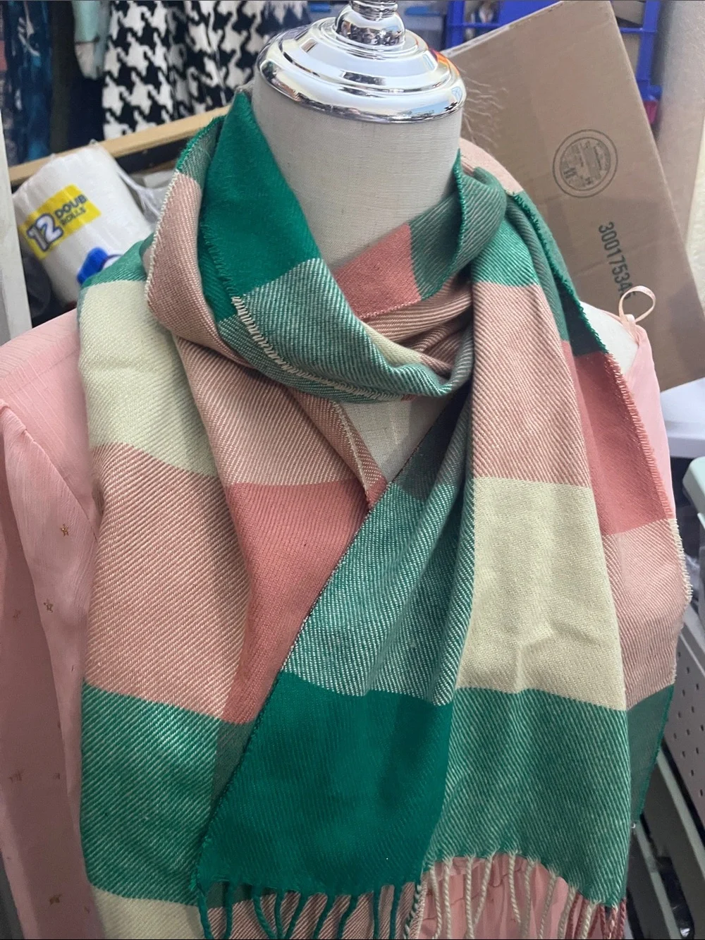 Cozy Checkered Green & Pinkish Lightweight Soft Cashmere Like Women's Scarf S229